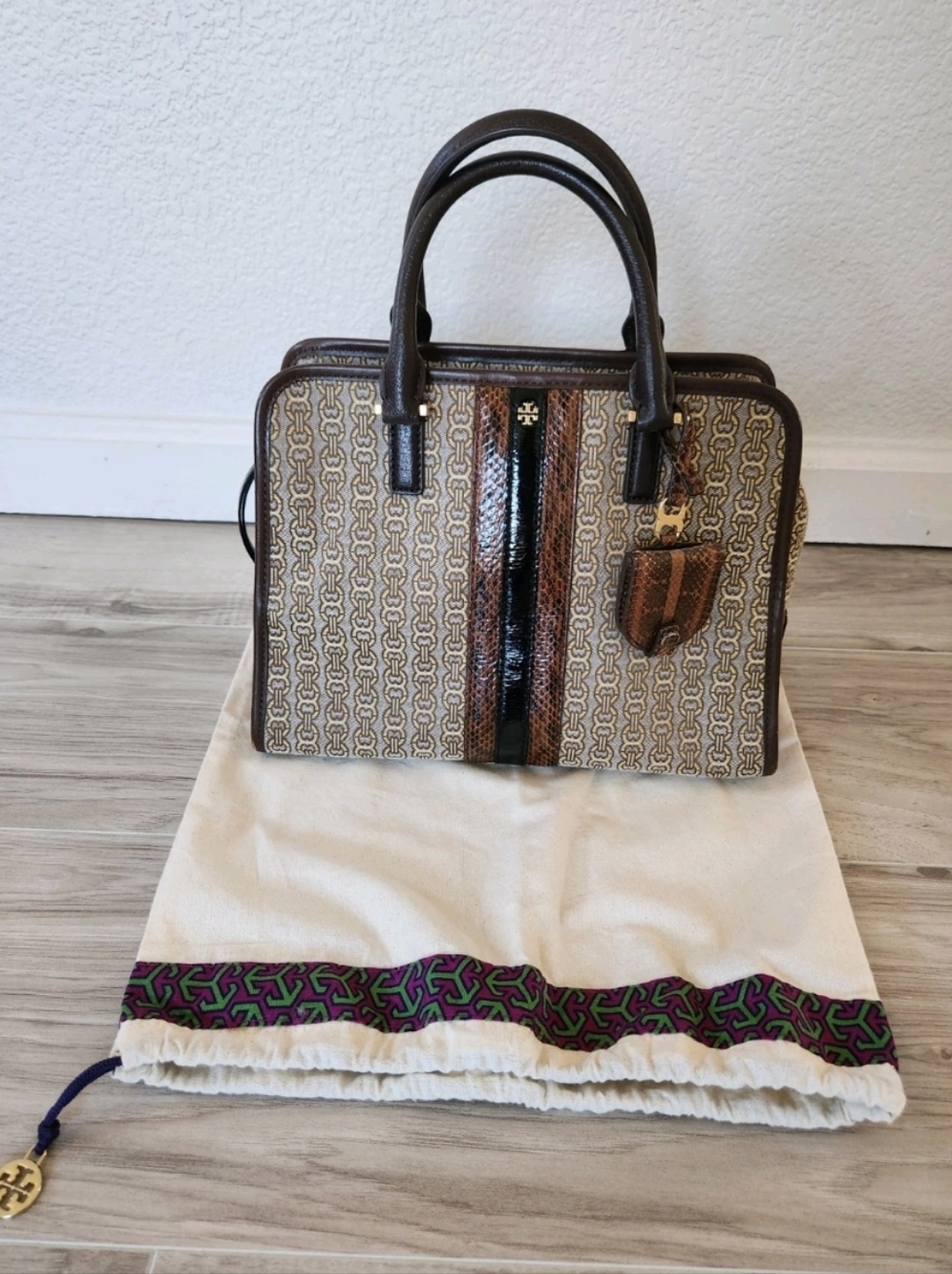 TORY BURCH GEMINI BROWN LINK JACQUARD HANDBAG